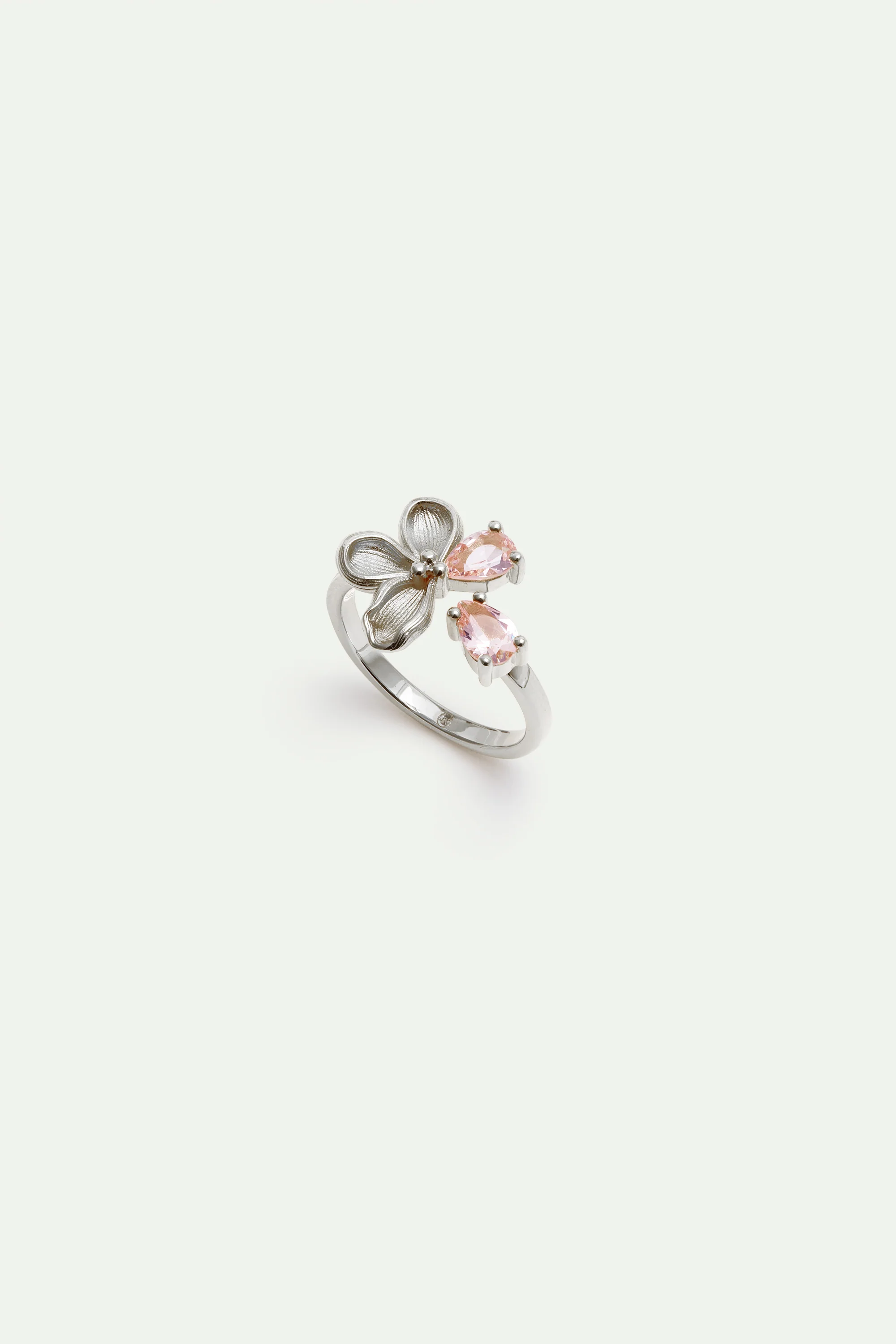 Bague ajustable argentée fleur de cerisier et pierres roses