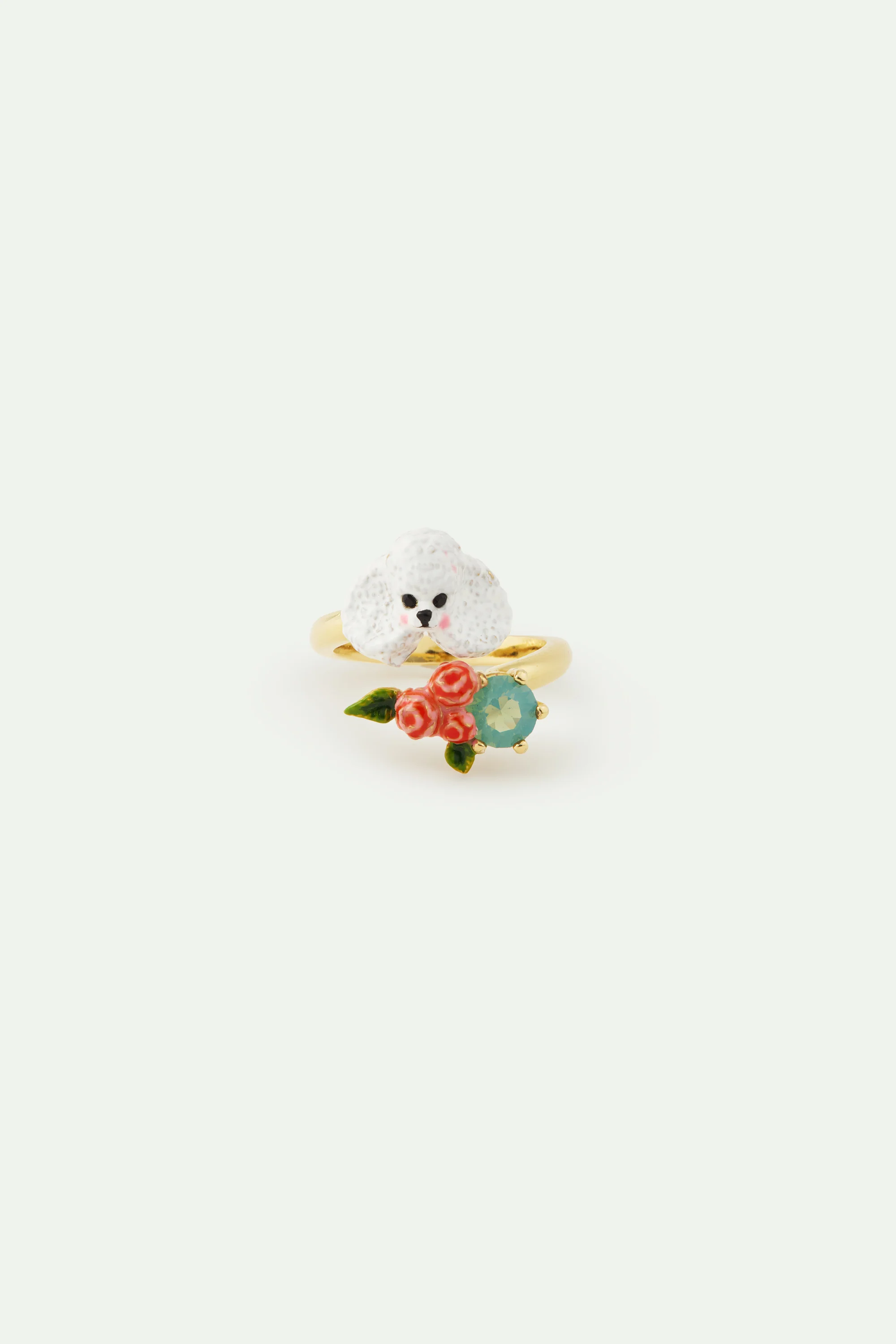 Bague ajustable caniche, fleurs roses et pierre bleue - Image 2