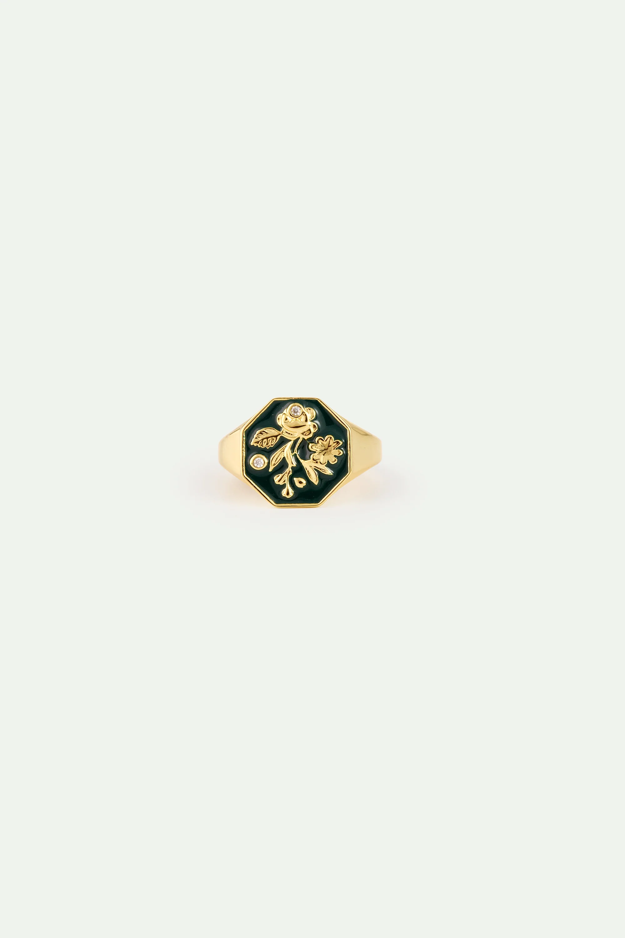 Bague chevalière médaillon vert fleur d'anémone - Image 3
