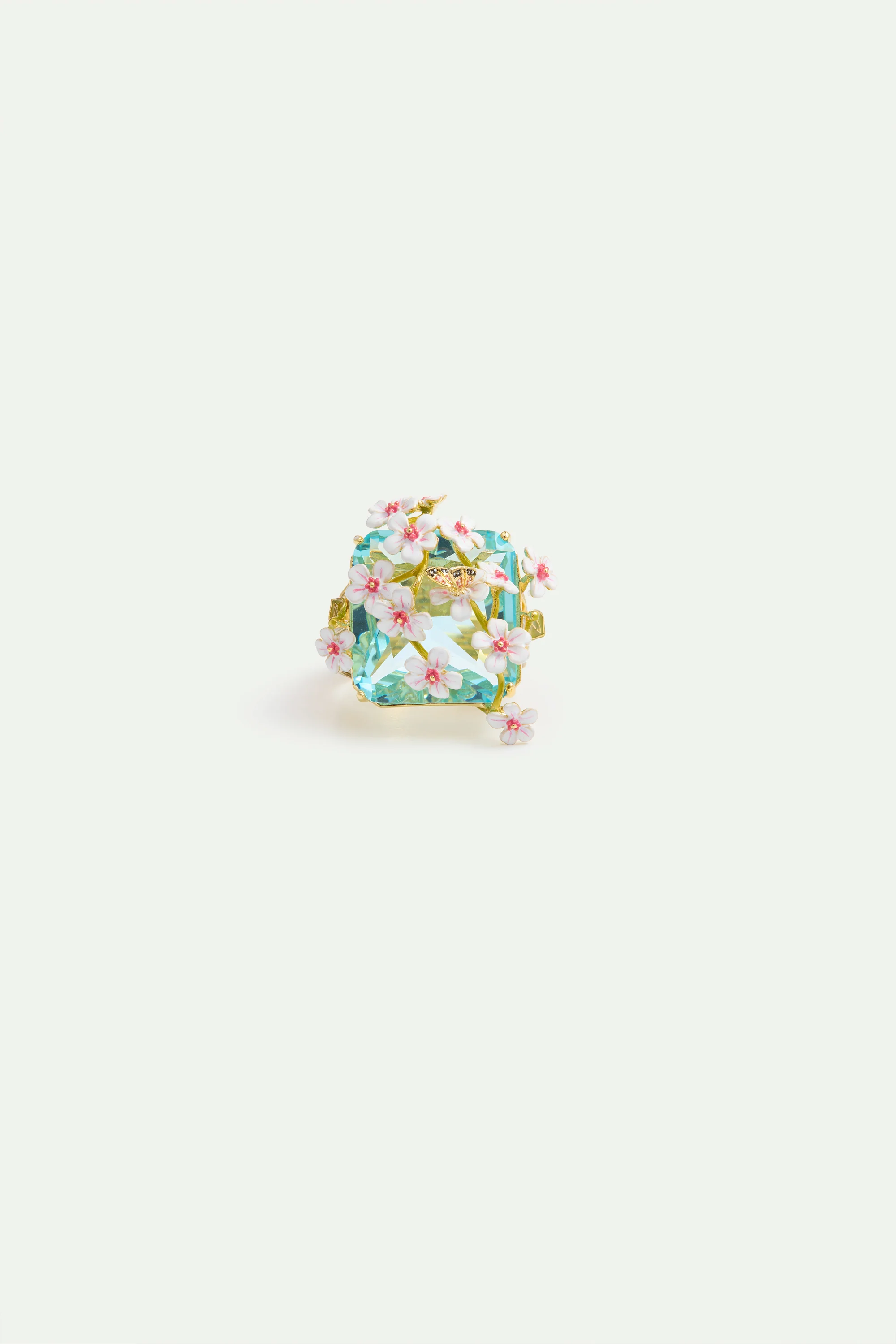 Bague pierre carrée facettée bleue, aubépines blanches et roses et papillon - Image 3