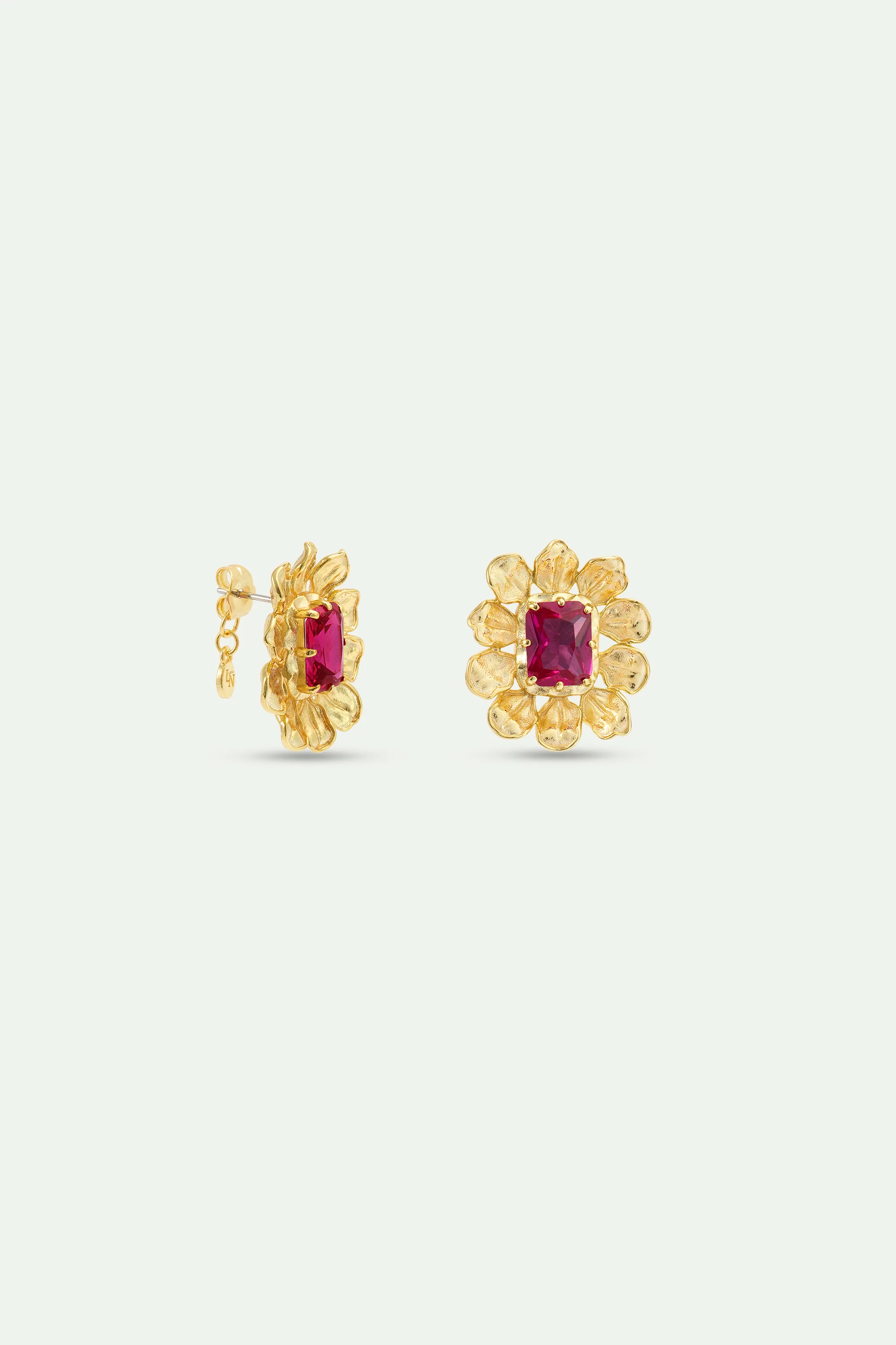 Boucles d'oreilles anémone dorée et pierre rose - Image 3
