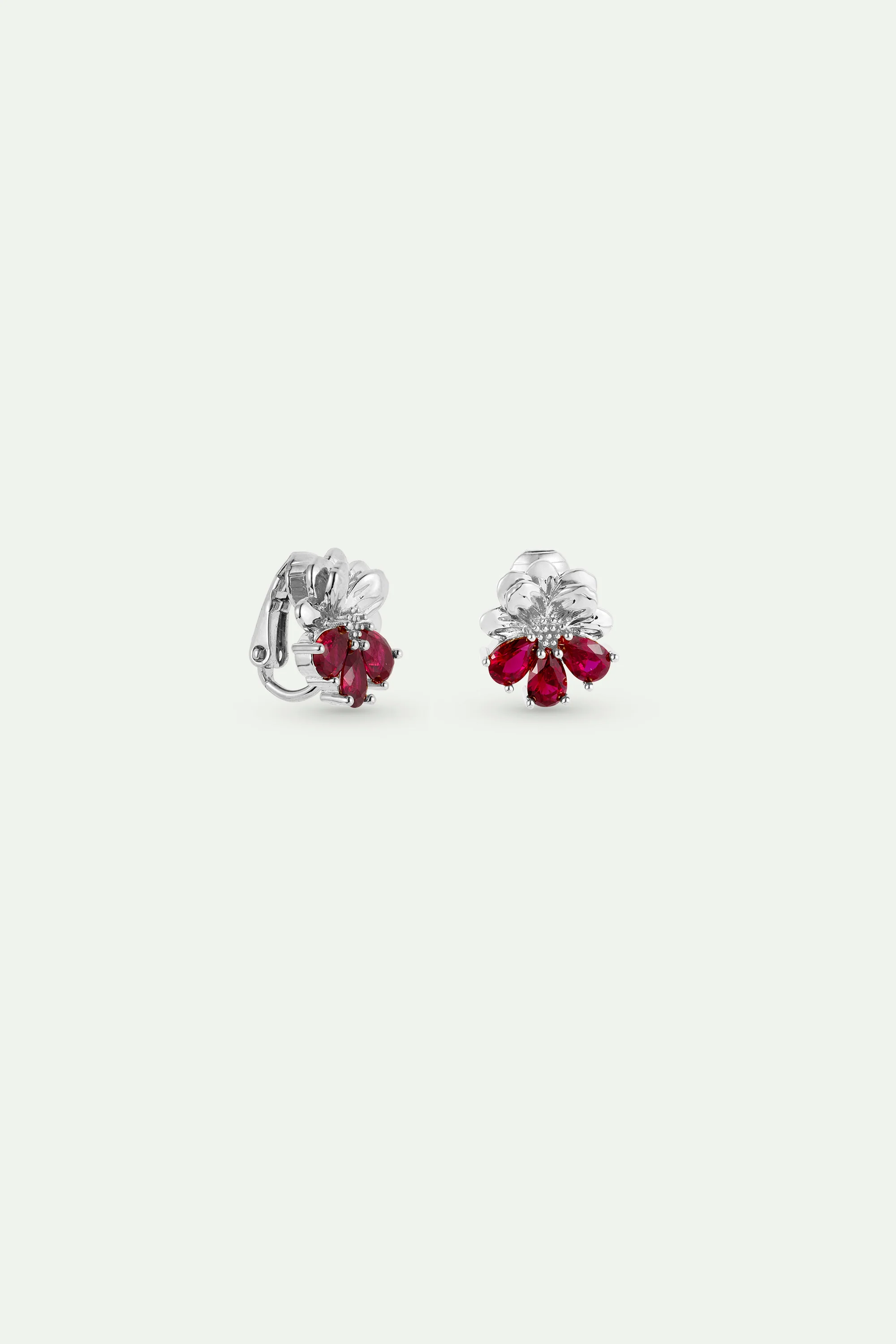 Boucles d'oreilles argentées cosmos et pierres rouges - Image 3