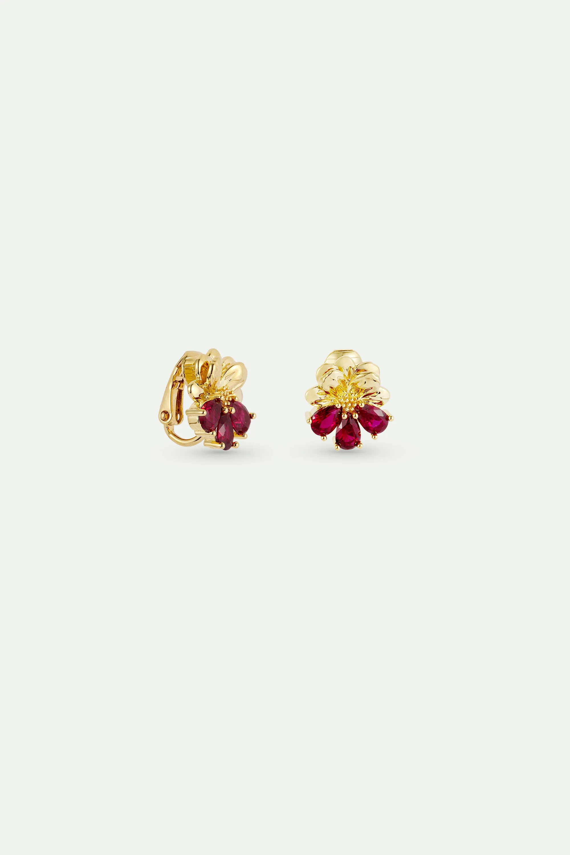 Boucles d'oreilles dorées cosmos et pierres rouges - Image 3