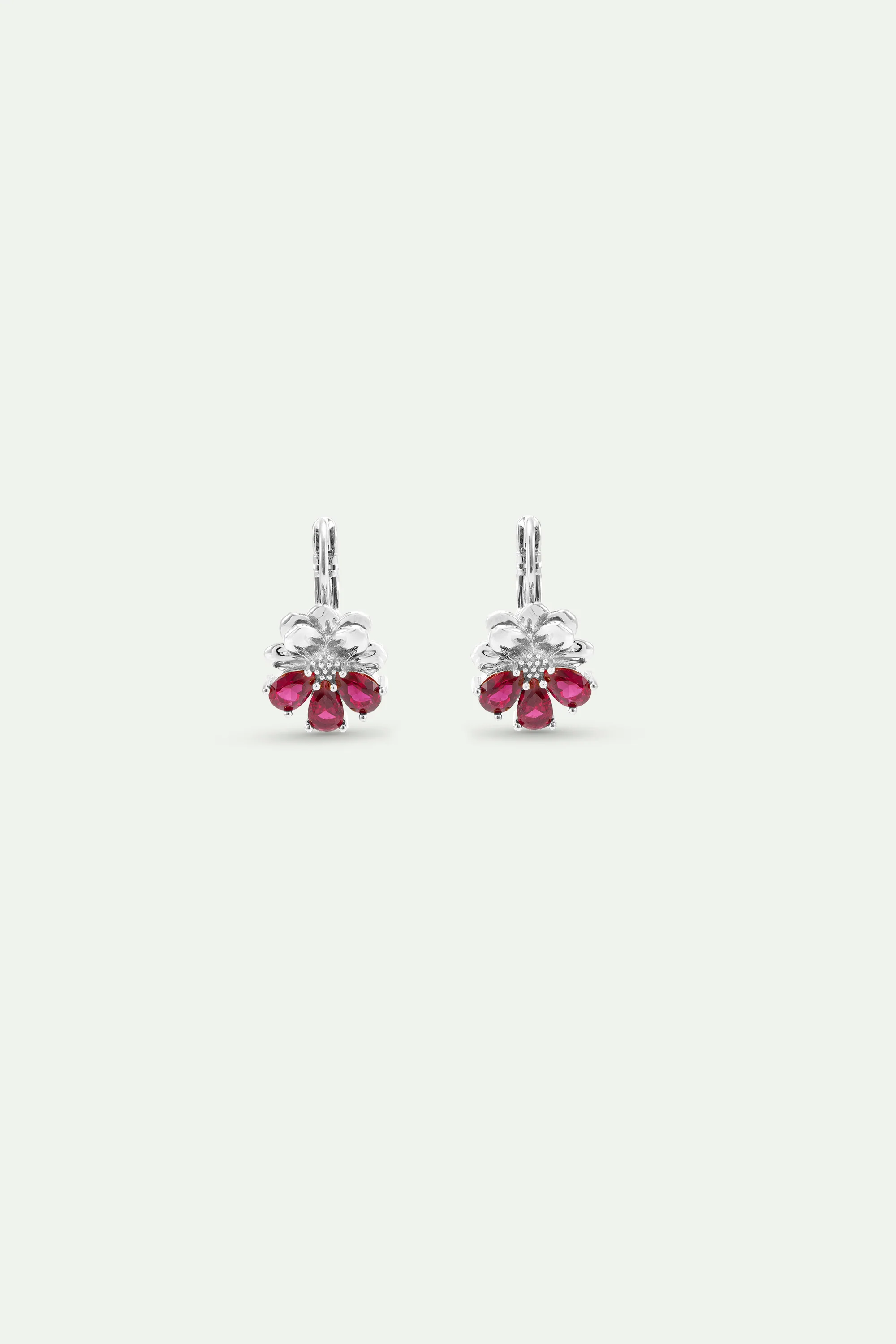 Boucles d'oreilles dormeuses argentées cosmos et pierres rouges