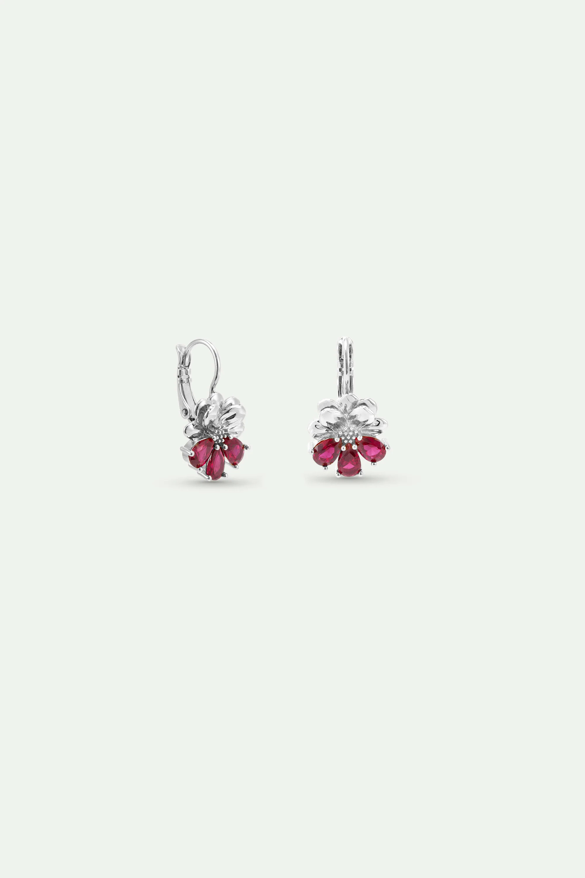 Boucles d'oreilles dormeuses argentées cosmos et pierres rouges - Image 2