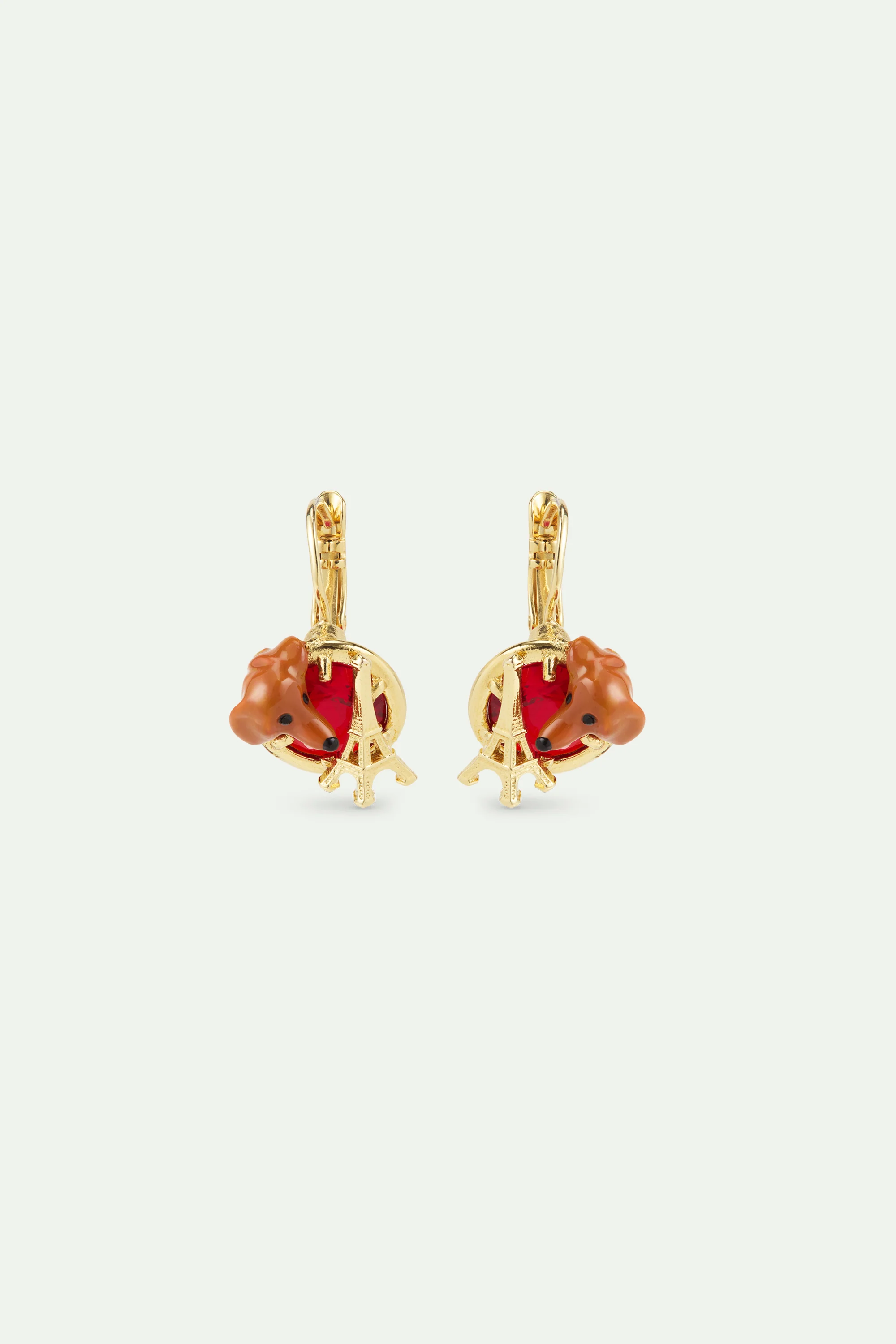 Boucles d'oreilles dormeuses teckel, tour Eiffel, pierre ronde rouge
