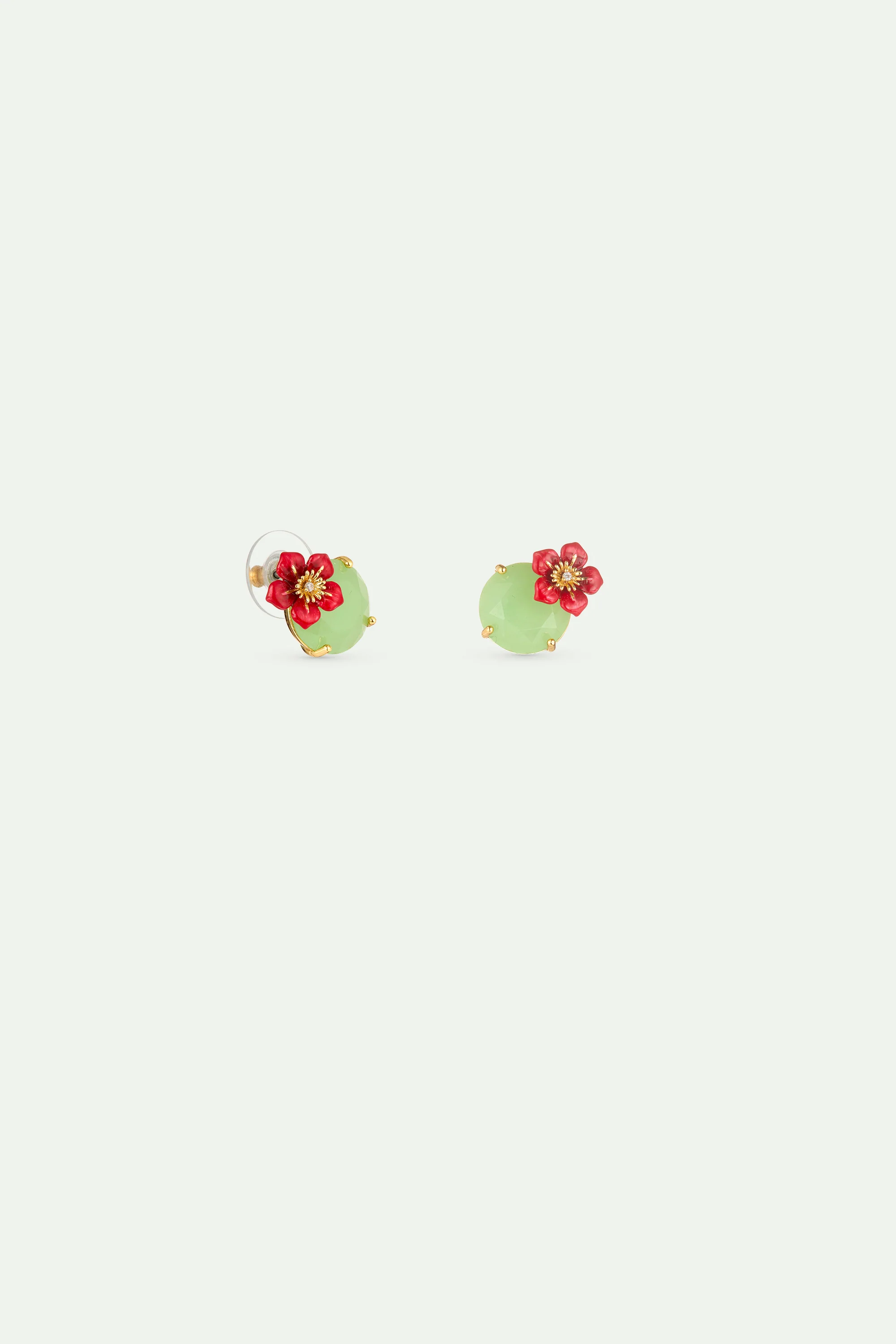 Boucles d'oreilles pierre ronde verte et fleur de prunier - Image 2