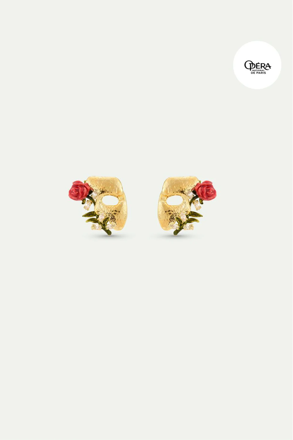 Boucles d'oreilles tiges masque doré, rose et cristaux