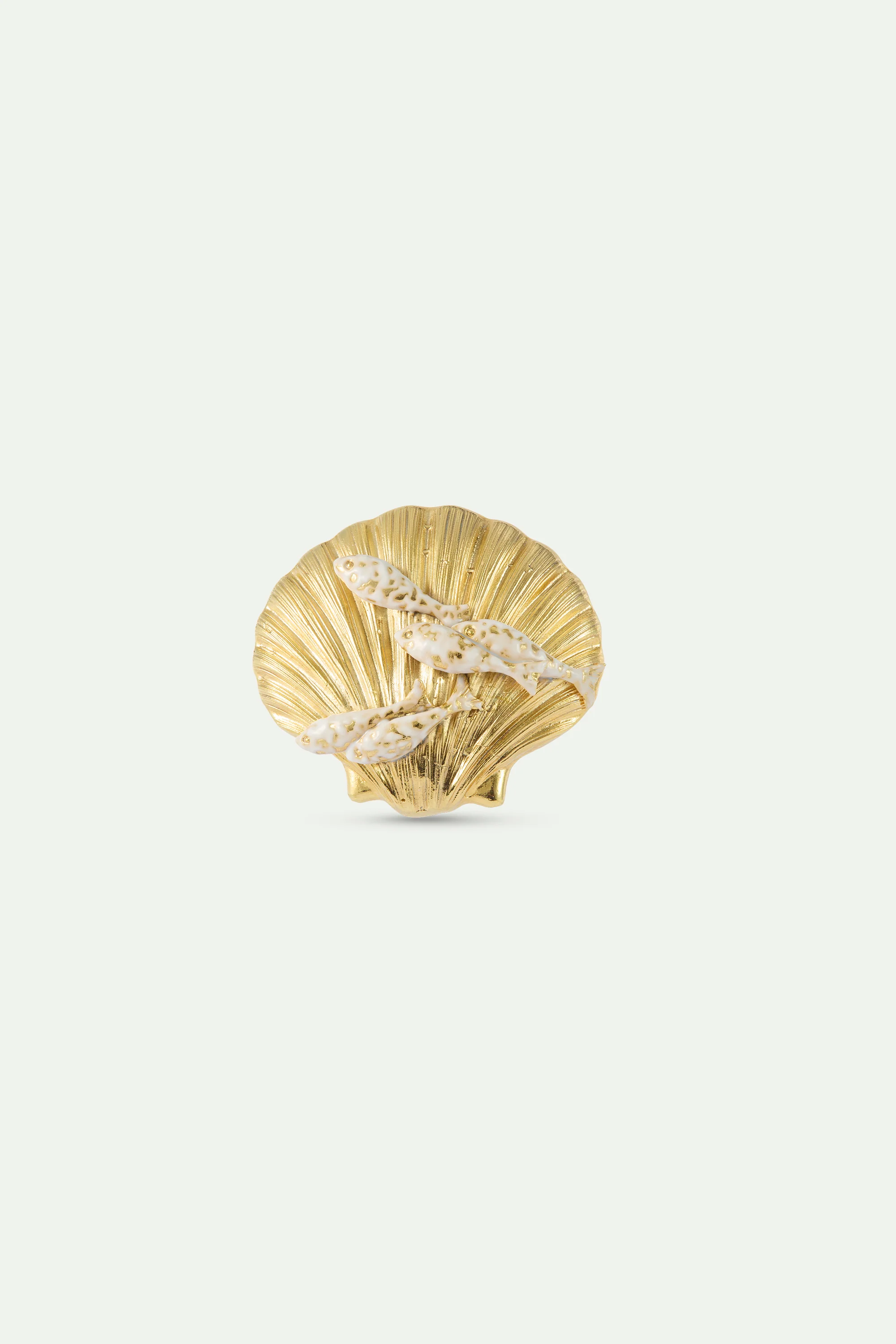 Broche coquillage doré et poissons blancs
