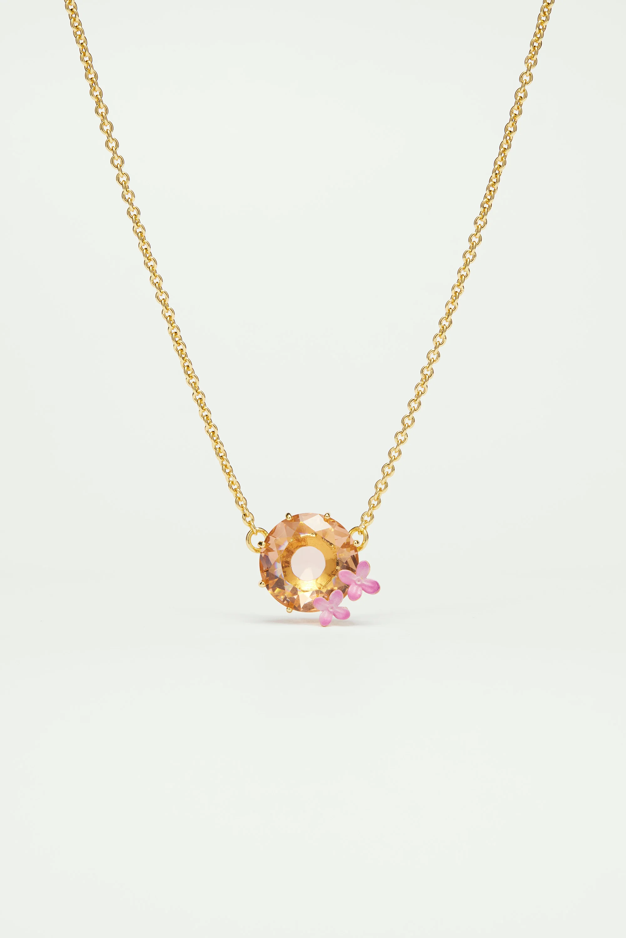 Collier fin pierre ronde et fleurs la diamantine rose abricot