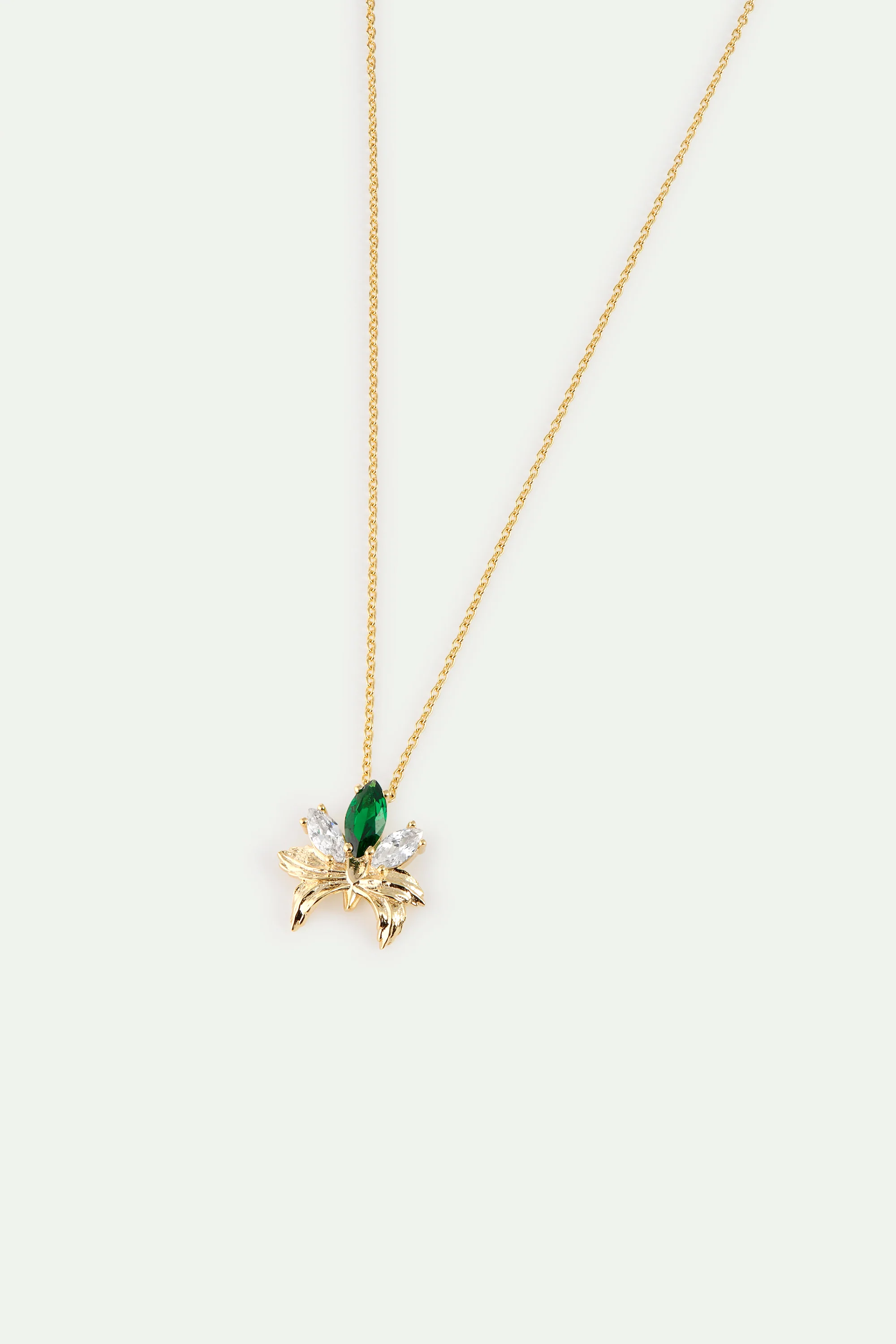 Collier pendentif doré orchidée et pierres blanches et verte - Image 2