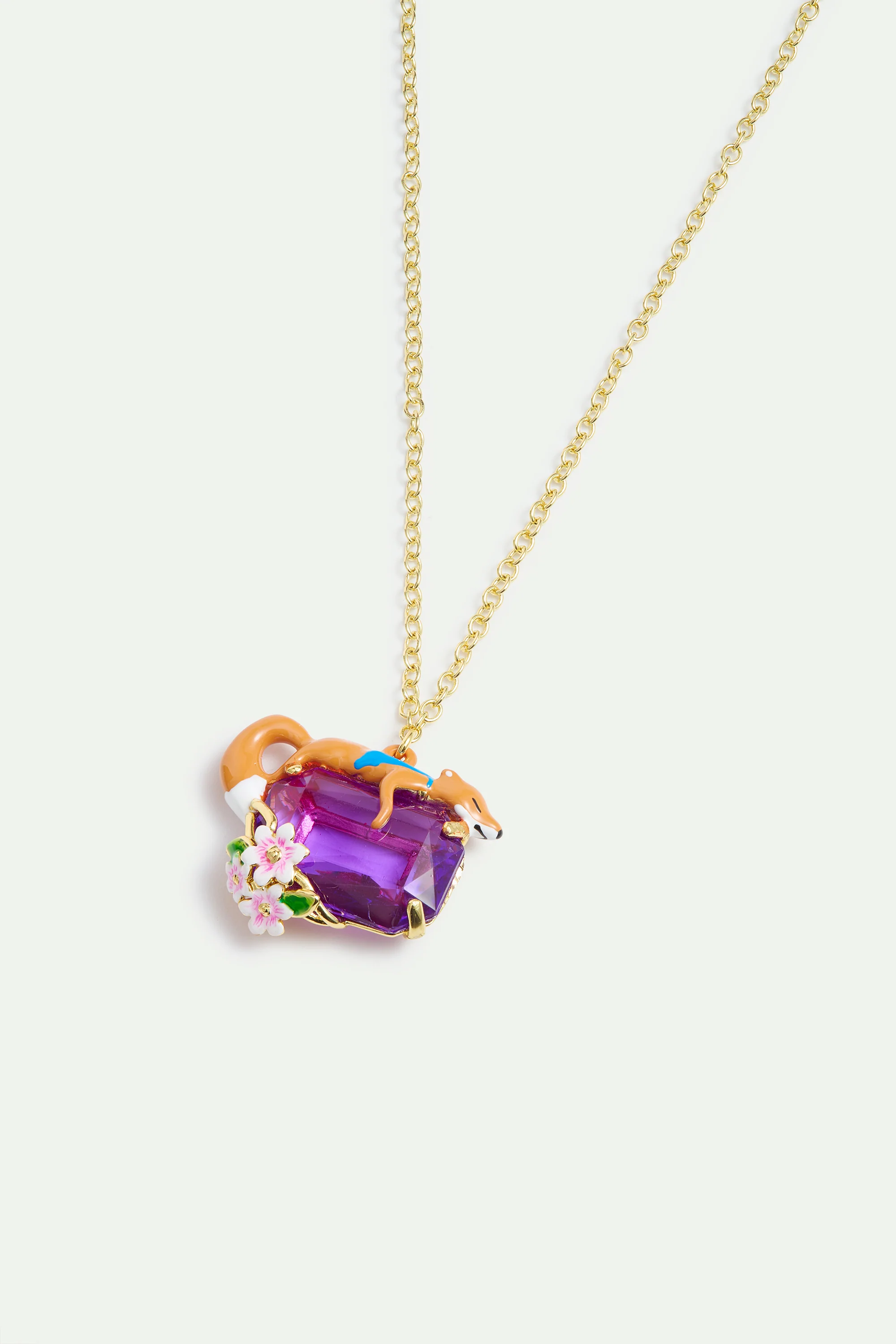 Collier pendentif pierre rectangulaire violette, Renard et fleurs - Image 2