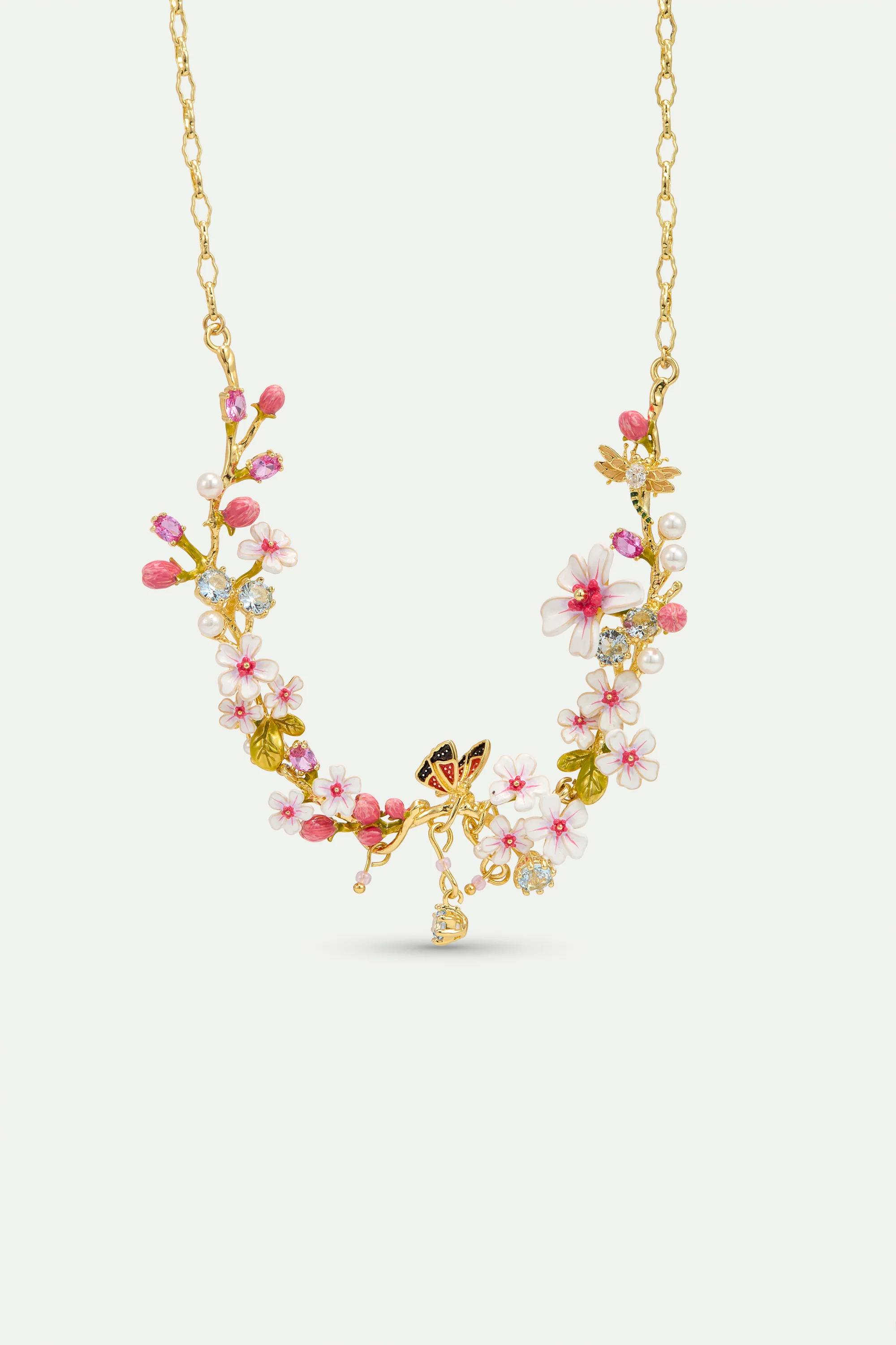 Collier plastron aubépines, papillon, cristaux et perles