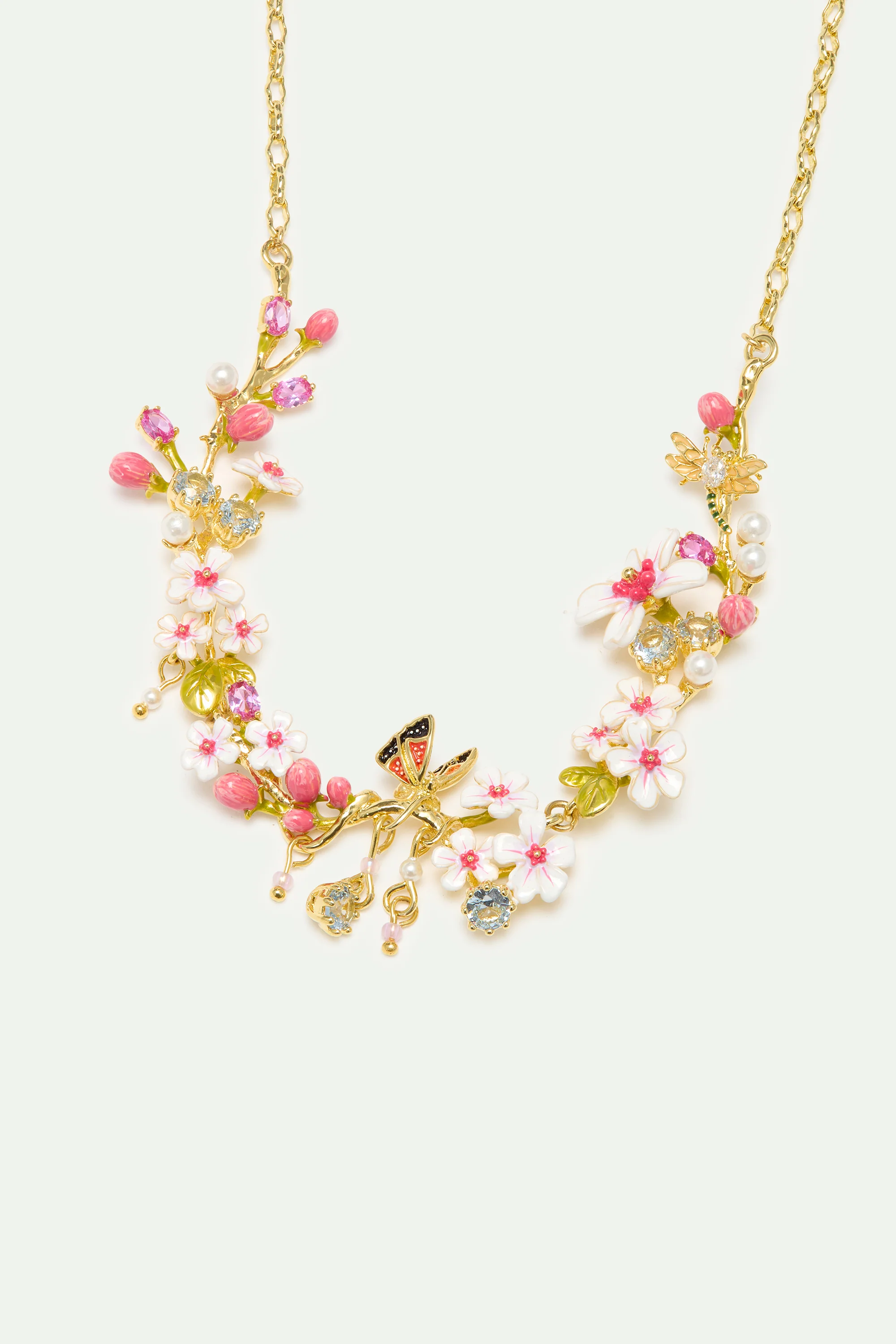 Collier plastron aubépines, papillon, cristaux et perles - Image 3